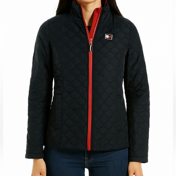 Tommy Hilfiger Jackets & Blazers - Tommy Hilfiger Blue Red Full Zip Quilted Womens Puffer Jacket Sz Med